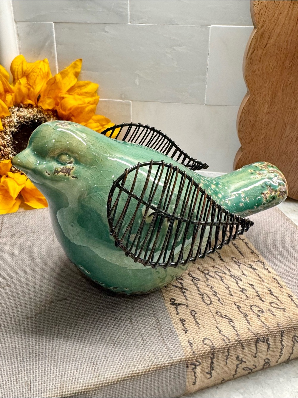 New Aqua Green Ceramic Bird Figure w/ Distressed Finish & Metal Wings - 6”